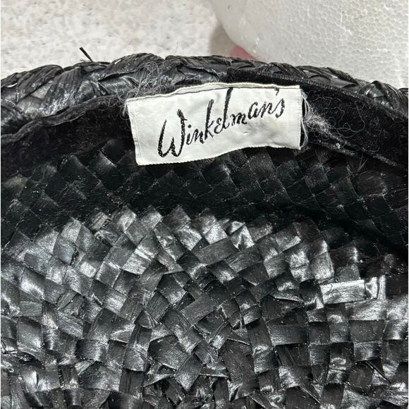 Vintage black straw pillbox hat by Winkelman’s velvet hatband upturned brim main image 9